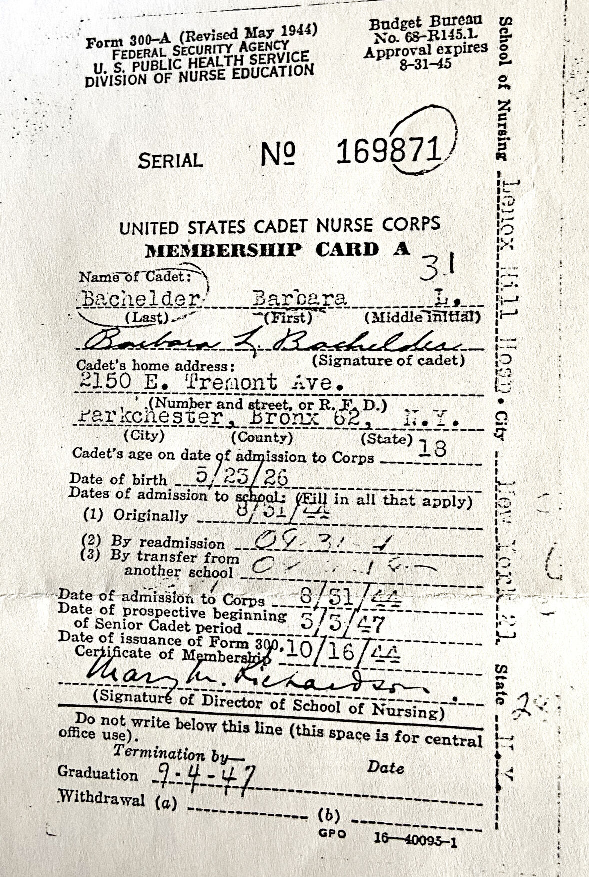 Barbara Lincoln's Cadet Card
